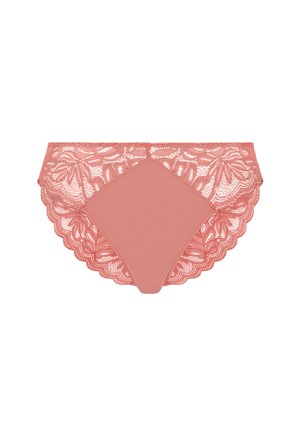 Braguitas de encaje rosa con patrón floral y bordes festoneados. Panel frontal liso con detalles de encaje transparente en la parte trasera para una apariencia delicada.