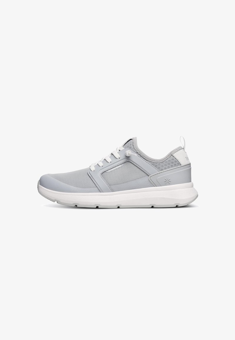 Light gray athletic shoes made of mesh and synthetic materials. Features a padded tongue, white laces, and a textured white sole.