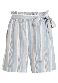 Hochtaillierte Shorts mit vertikalen blauen, weißen und grauen Streifen, gerafftem Bund und einem gebundenen Stoffgürtel auf der rechten Seite.