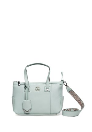 Hellblaues Lederhandtasche mit zwei Griffen, dekorativem Knoten, silbernem Logo und abnehmbarem, gemustertem Schulterriemen auf weißem Hintergrund.