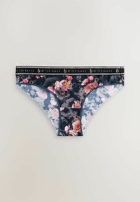 Floral-print women's underwear in dark navy with pink and white flowers. Features a black waistband with "BY TED BAKER" in silver lettering.