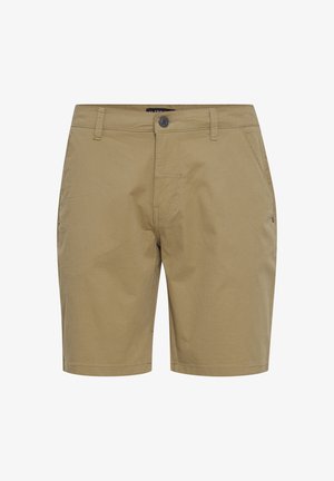 Kaki színű, pamut keverékből készült sort, amely gombos záródással, oldalsó zsebekkel és sima, könnyű textúrával rendelkezik.