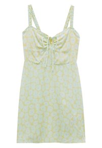 Robe fleurie jaune clair avec bretelles réglables, corsage froncé et texture douce. Présente de petits motifs de fleurs violettes sur l'ensemble.