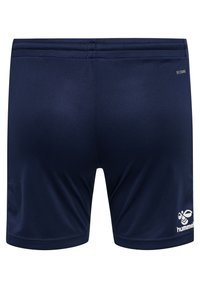 Navy athletic shorts made of stretchy fabric, featuring a smooth texture, a small white logo on the lower right, and a simple design.