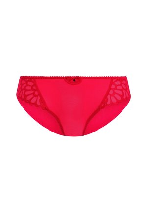 Culotte en maille rouge avec des accents en dentelle florale sur les côtés, présentant une bordure festonnée et un nœud décoratif au centre à l'arrière.