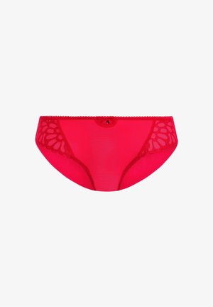 Rode netpanty met bloemenkantaccenten aan de zijkanten, voorzien van een golvende rand en een decoratieve strik op de achterkant.