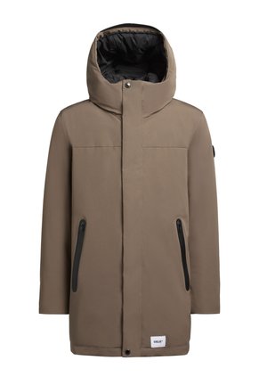Abrigo impermeable marrón con cuello alto, bolsillos laterales con cremallera y capucha forrada en negro. Presenta un parche de logo cerca do do bajo.