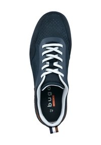 Navy sneaker with perforated design, white laces, brown accents, and a cushioned interior. Size 42 label visible on the insole.