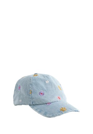 Șapcă de baseball din denim albastru deschis, cu mici flori brodate în violet, roz, galben și alb, răspândite pe toată suprafața.