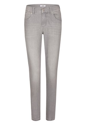 Hellgraue Slim-Fit-Jeans mit Vordertaschen, Gürtelschlaufen, Knopfverschluss und Markenlabel am Bund.