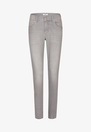 Jean gris clair coupe slim avec poches avant, passants pour ceinture, fermeture par bouton et étiquette de marque sur la ceinture.