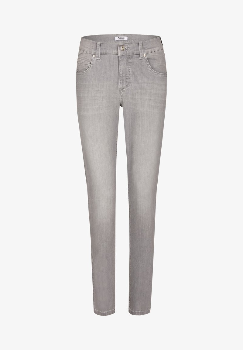 Jean gris clair coupe slim avec poches avant, passants pour ceinture, fermeture par bouton et étiquette de marque sur la ceinture.