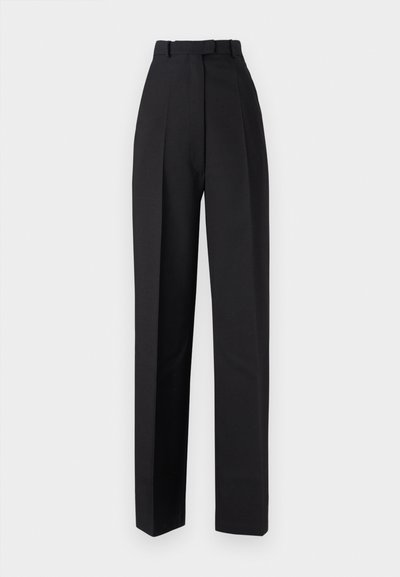Black high-waisted trousers with pleats, featuring a tailored design and straight legs. Made from a smooth fabric, minimal detailing.