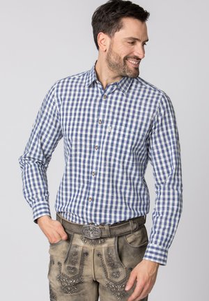 Blue and white checked shirt with long sleeves, buttoned collar, and decorative buttons, paired with grey lederhosen featuring detailed embroidery.