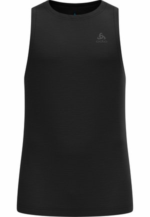 Black sleeveless athletic tank top made from smooth fabric, featuring a round neckline and a subtle logo on the front.