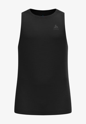 Black sleeveless athletic tank top made from smooth fabric, featuring a round neckline and a subtle logo on the front.
