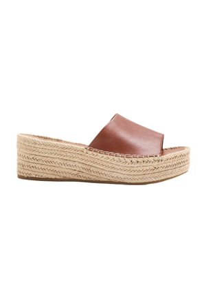 Brown leather slide sandal with woven jute platform sole and open toe, designed for casual summer wear.