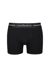 Czarne bokserki wykonane z miękkiego materiału, o dopasowanym kroju. Posiadają elastyczny pasek z logo z białymi akcentami i geometrycznym przeszyciem.