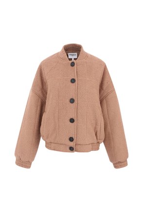 Bruine, gestructureerde jas met ronde hals en zwarte knopen. Heeft oversized mouwen en een aansluitende tailleband.