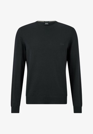 Sweater preto feito de um tecido de malha leve e suave. Apresenta um decote redondo, mangas longas e um logotipo embutido discreto no peito.