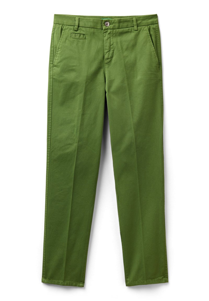 Chinos en coton verts avec une coupe droite, dotés d'une poche avant, d'une fermeture à bouton et d'une texture lisse. Convient pour un usage décontracté.