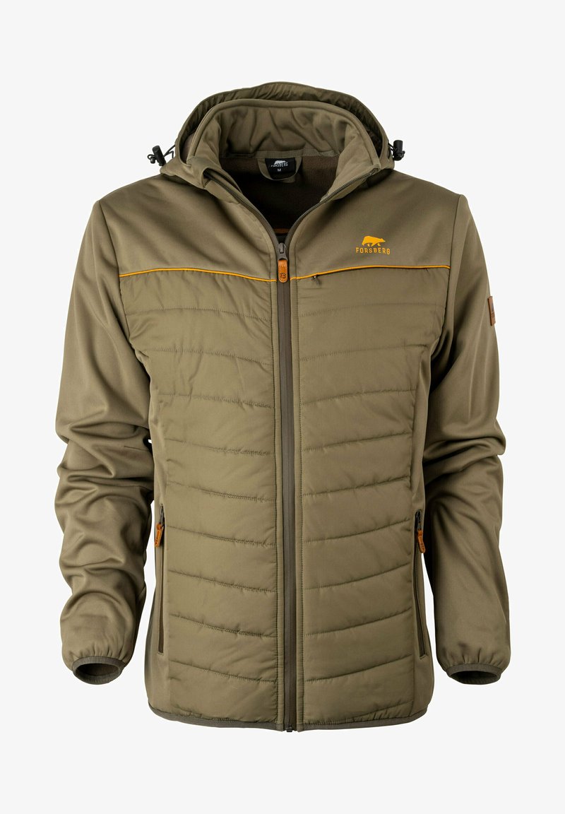 Grüne Nylonjacke mit gepolsterter Vorderseite, orangefarbenen Akzenten, Reißverschlusstaschen und verstellbarem Kapuze. Steppmuster auf der Vorderseite sichtbar.