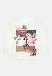 Weißes Langarmshirt mit Grafik eines Bären und eines Schweins, verziert mit Blumen und dem Text "Du und Ich" in glitzerndem Gold.