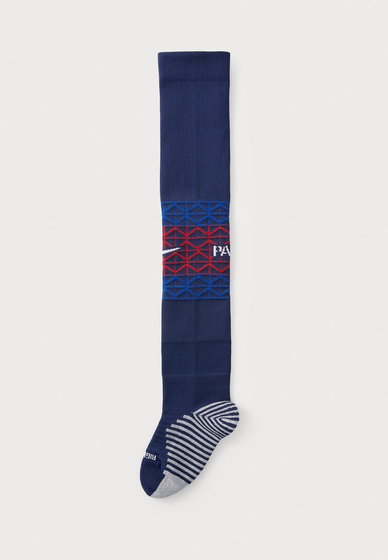 Knee-high navy socks with a textured block pattern in red and blue, featuring a logo and striped grey heel and toe accents.