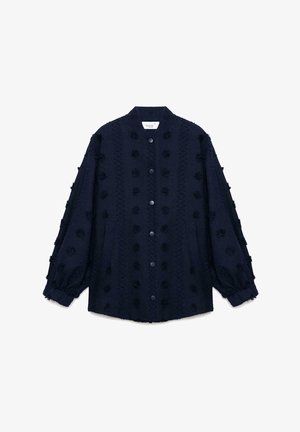 Navy blue textured jacket with puffed sleeves, featuring embroidered floral details and a button closure along the front.