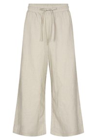 Light beige linen wide-leg pants with an elastic waistband and adjustable drawstring. Features a loose, flowy silhouette and side slits.