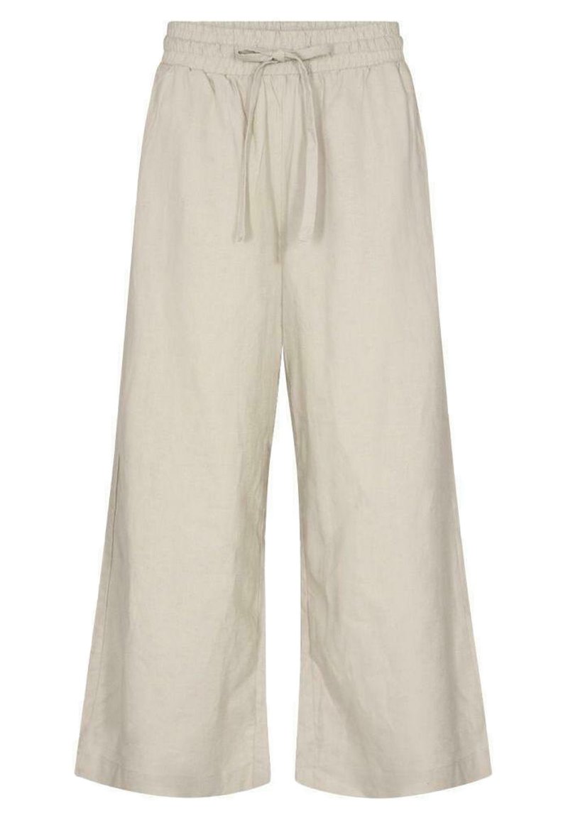 Light beige linen wide-leg pants with an elastic waistband and adjustable drawstring. Features a loose, flowy silhouette and side slits.