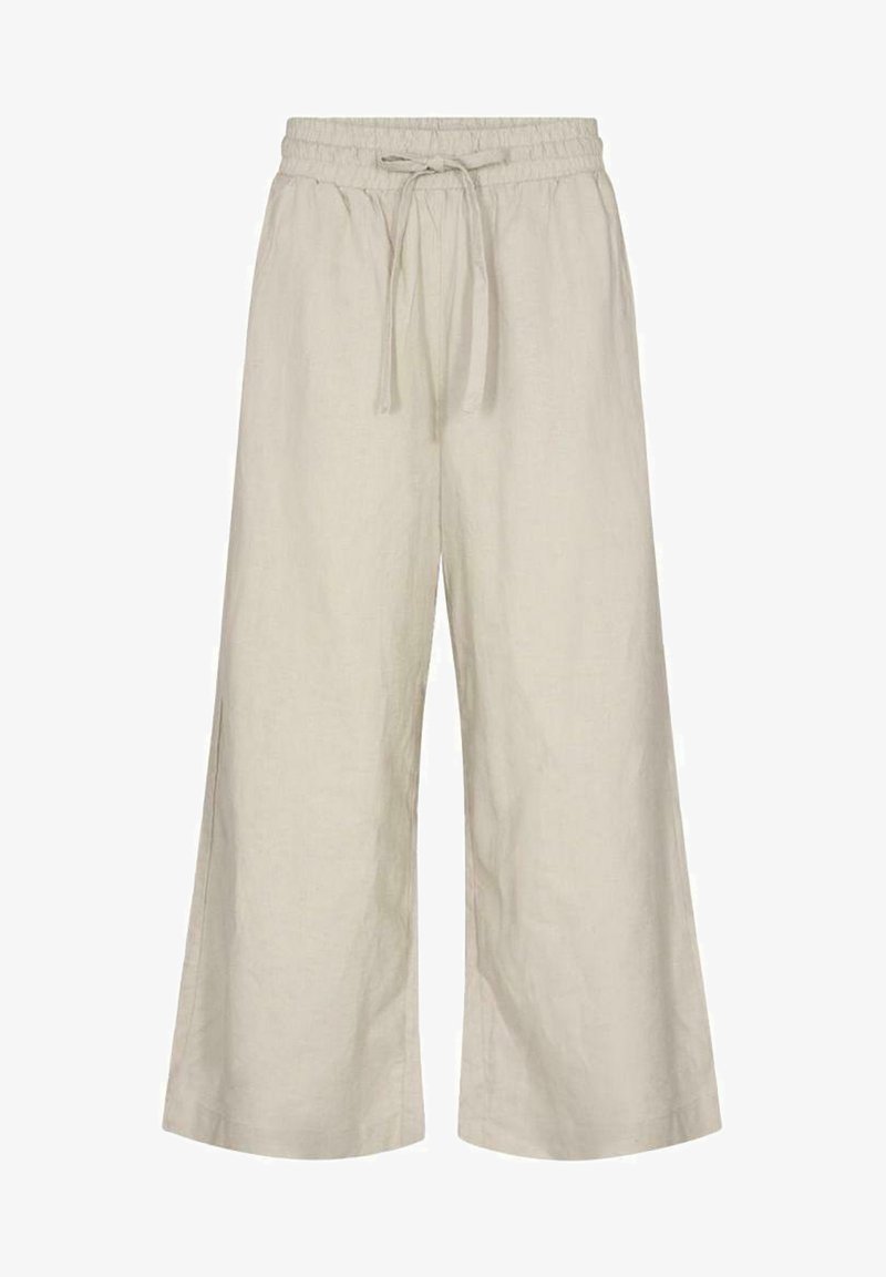 Light beige linen wide-leg pants with an elastic waistband and adjustable drawstring. Features a loose, flowy silhouette and side slits.