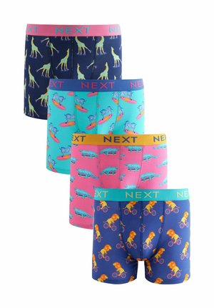 Värikrika herrboxershorts med mönster av giraff, häst, alligator och lejon; elastisk midja; olika nyanser av blått, rosa och grönt.
