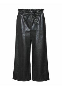 Zwarte neplederen broek met wijde pijpen, een elastische tailleband, een trekkoordsluiting en twee voorzakken, met een gladde textuur.