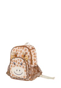 Kinderrucksack mit Giraffen-Gesicht, plüschigen Ohren und Hörnern, seitlichen Netztaschen, beige-braunem Punktmuster.