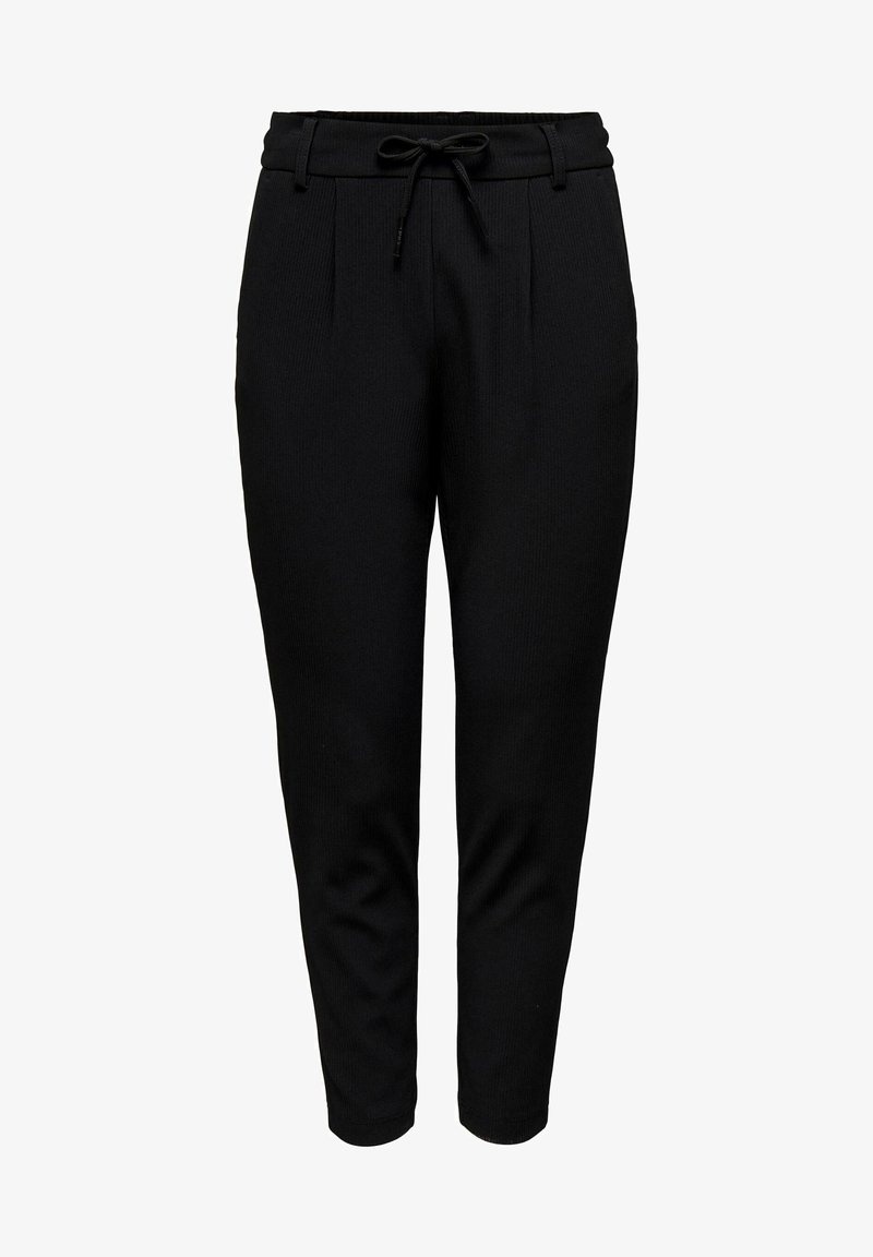 Pantalon noir côtelé avec taille à lien coulissant, comprenant des plis et des jambes effilées, fabriqué dans un tissu confortable. Pas de poches visibles.