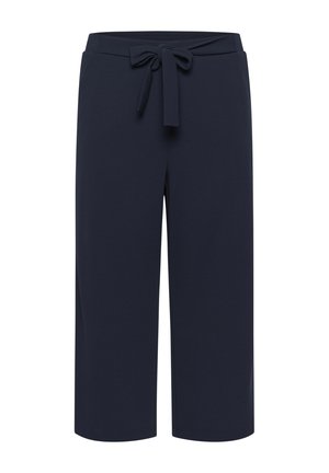 Pantalon court large bleu marine avec ceinture à nouer à la taille, devant plat et ourlet net, présenté sur fond blanc.