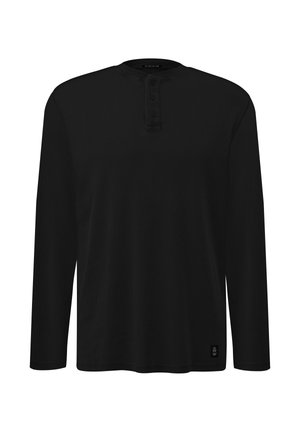 Crna dugorukava Henley majica s tri dugmeta i okruglim izrezom, izrađena od rebrastog materijala, s malom etiketom blizu rubnog dela.