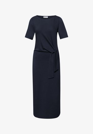 Navy blue midi dress with short sleeves, round neckline, and a fabric tie detail at the waist on a plain white background.