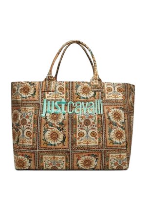 Tote taske med sol- og blomstermønstrede firkanter i brune og beige toner, med turkis "just cavalli" tekst foran. To håndtag.