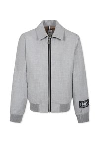 Giacca bomber grigia con zip frontale, polsini e orlo a costine. Presenta una patch con logo sulla manica e un collo strutturato. Tessuto dal tocco liscio.