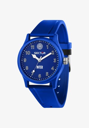 Orologio da polso blu con quadrante analogico, lancette delle ore e dei minuti argentate, logo dell'Inter di Milano in alto e testi "SECTOR" e "INTER" sul quadrante.