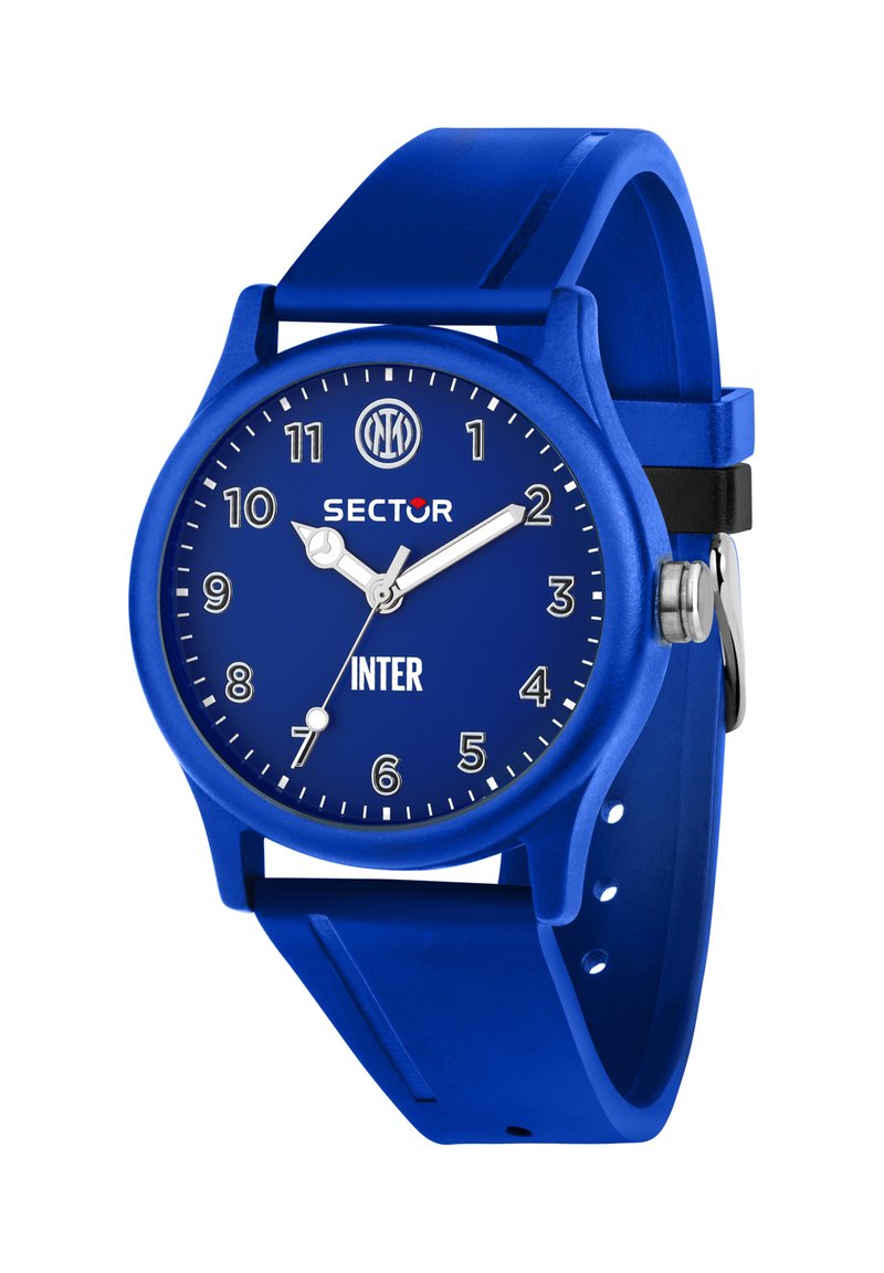 Orologio da polso blu con quadrante analogico, lancette delle ore e dei minuti argentate, logo dell'Inter di Milano in alto e testi "SECTOR" e "INTER" sul quadrante.