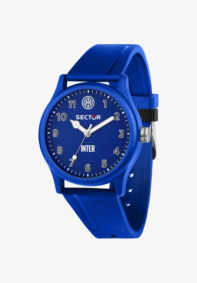 Orologio da polso blu con quadrante analogico, lancette delle ore e dei minuti argentate, logo dell'Inter di Milano in alto e testi "SECTOR" e "INTER" sul quadrante.