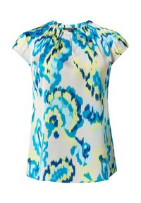 Kurzarmpf blouse aus einem leichten, glatten Stoff mit einem abstrakten Muster in Blau, Grün und Gelb sowie einem gerafften Ausschnitt.