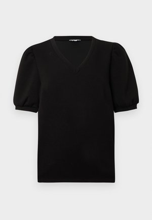 Must lühikeste varrukatega top, millel on puhvis varrukad ja V-kaelus, esitletud ühevärvilisel valgel taustal.