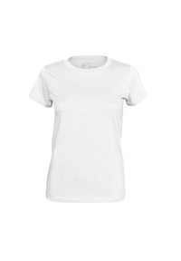 T-shirt bianco in cotone con maniche corte, collo rotondo e una consistenza liscia. Presenta un design semplice, senza motivi o accenti notevoli.