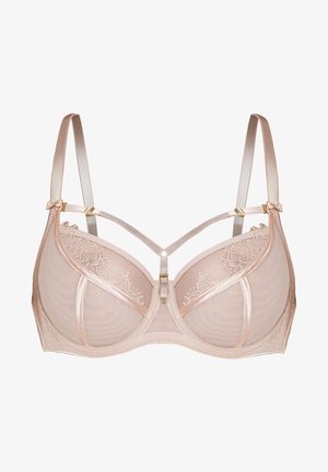 Jasnobeżowy stanik z koronkowymi detalami i satynowymi ramiączkami. Posiada wycięcie z centralnym akcentem z metalu oraz miseczki z siateczki.