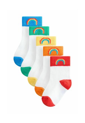 Five pairs of white socks with colored cuffs: blue, green, yellow, orange, and red, each featuring a rainbow design at the top.