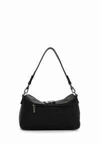 Black leather handbag with a curved shape, single shoulder strap, zip closure, and a front pocket featuring silver hardware accents.